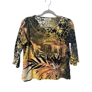 Y2K Arvanti Giraffe Animal Print Cotton 3/4‎ Sleeve Top Rhinestone Accents L